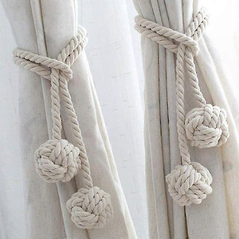 Pompon en Coton Fait Main pour Déco Fenêtre, Accessoire de Rideau Créatif, Boules Blanc Cassé avec Corde de Lien, Lot de 2 Pièces + 1 Paire de Corde (1/5)