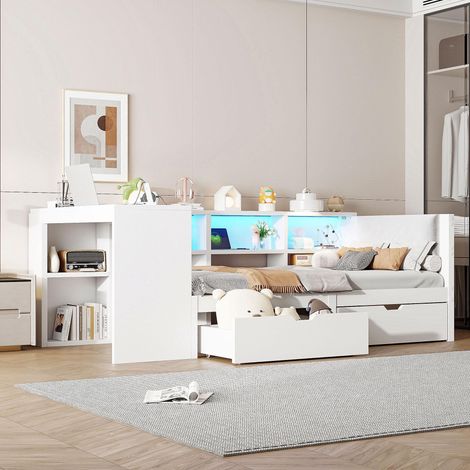 Lit plateforme en bois 90x200 avec étagères, tiroirs, station de recharge et tête de lit rembourrée, avec éclairage LED coloré, blanc