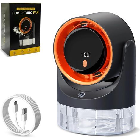 Ventilador de escritorio y humidificador 2 en 1, ventilador de mesa silencioso con depósito de agua de 450 ml, humidificador recargable, 100 velocidades, ángulo de inclinación ajustable a 90°, tempori (1/5)
