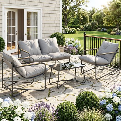 Salon de Jardin 4 Pièces Ensemble avec Canapé 2 Places, 2 Fauteuils et Table Basse Verre Trempé Coussins 13cm Gris Clair (1/5)