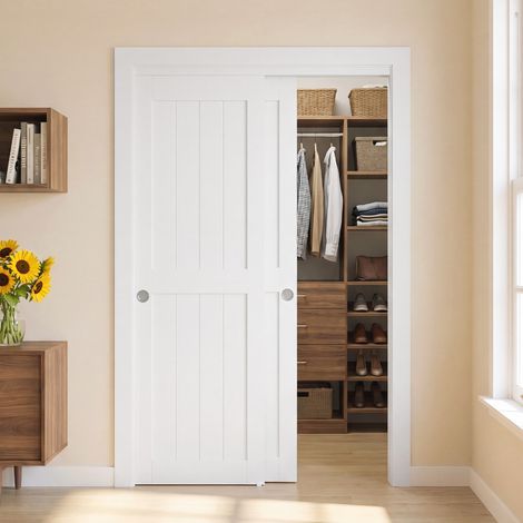 VEVOR Porte de Placard Coulissante a 2 Vantaux 1219x2032 mm, Structure Tout Bois, Porte Interieur avec Kit de Rail et Quincaillerie, Guide au Sol, Style Moderne pour Chambre, Dressing, Couloir, Blanc (1/5)
