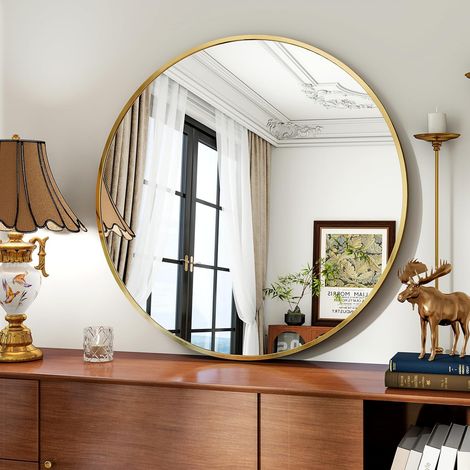 Miroir Rond doré de 80 cm avec Cadre en Alliage d'aluminium pour Salle de Bain, lavabo, Salon, Chambre à Coucher, décoration Murale d'entrée (1/5)