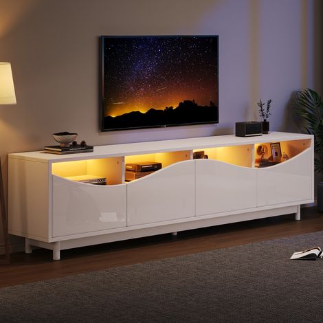 Meuble TV blanc brillant 175x38x51cm, design incurvé, portes verre trempé, éclairage LED, pour salon/chambre (1/5)