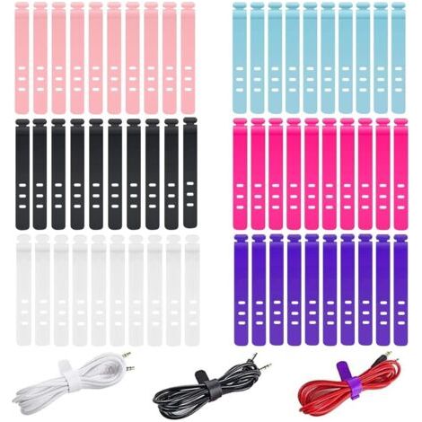 Lot de 60 serre-câbles réutilisables en silicone, serre-câbles pour la gestion des câbles et fils, câble de données, 6 couleurs (1/5)
