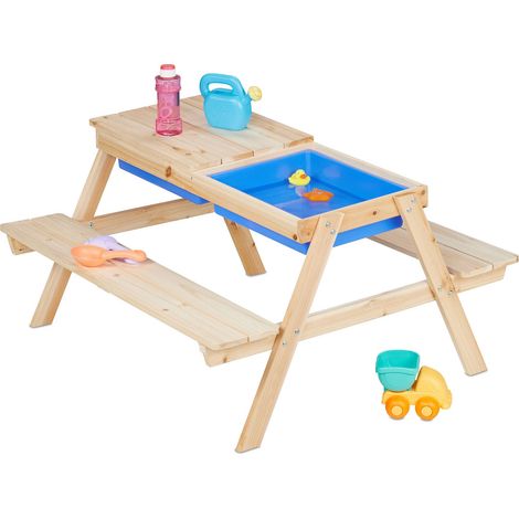 Relaxdays – Table de pique-nique pour enfant en bois de pin – Dimensions H 50 x L 89 x P 86 cm – 2 bacs amovibles pour jeux extérieurs