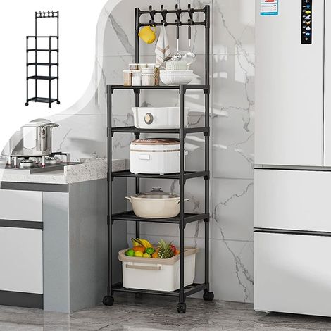 TRADE SHOP - Carrello Portaoggetti A 5 Ripiani Scaffale Multiuso Con Ruote Ganci Per Cucina Bagno Nero -