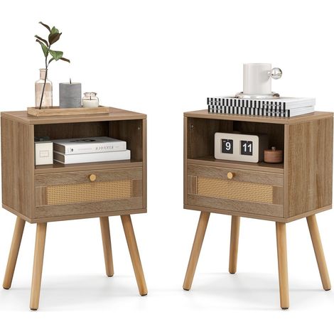 2 Pcs Rattan Nightstand Set Boho End Table Compact Bedside Table (1/5)