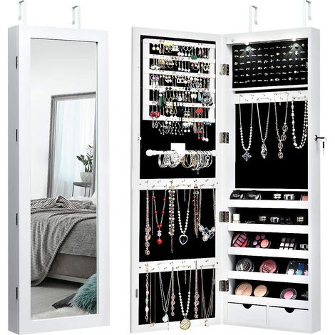 COSTWAY Armario para joyas 108 x 37 x 9,5 cm con 2 Luces LED Espejo de Cuerpo Entero y Cajones Joyero para Maquillarse (blanco)