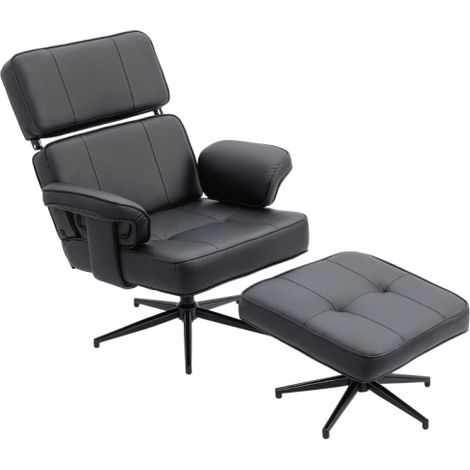 Fauteuil relax inclinable en similicuir avec repose-pieds, têtière réglable, base en métal, noir