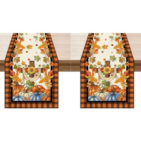 Camino de mesa otoñal a cuadros con estampado de búfalos y calabazas, con diseño de hojas de arce, ideal para la decoración de mesas (33 x 183 cm) (2 piezas) (1/5)