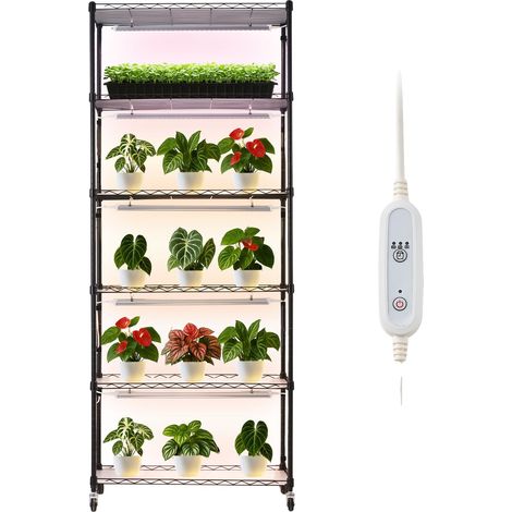 Supporto per piante VEVOR, 4 ripiani, 150 cm, con ruote, lampada per coltivazione da 90W, spettro completo, 75x35x180 cm, supporto in metallo (1/2)