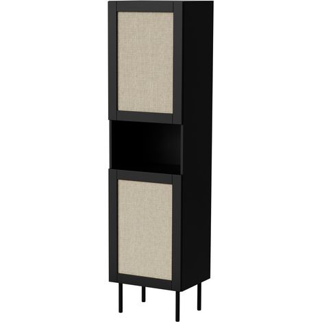 Vitrine noire 190 cm avec façades en rotin et niche de rangement Rota (1/3)