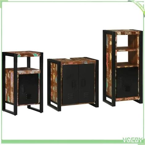 Ensemble mobilier de salle de bain 3 pcs - FAF7291712428005 - Bois recyclé solide - Marron - Style industriel, à suspendre (1/5)