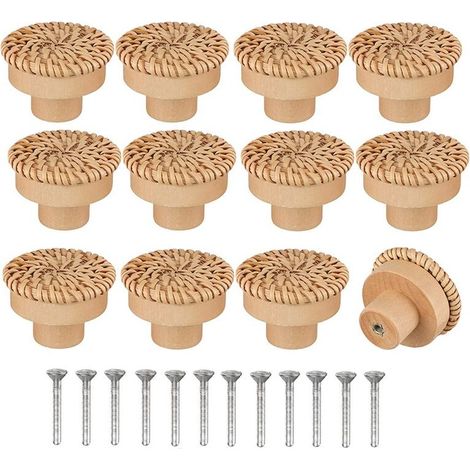 Lot de 12 boutons de commode ronds en rotin de style bohème - Fabriqués à la main - Avec vis - Pour meubles en bois - Pour commode, tiroirs, armoire (1/5)