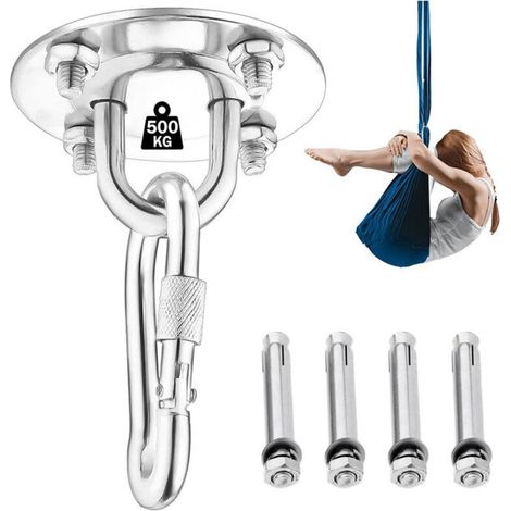 Crochet de plafond pour suspendre des hamacs, du yoga, des chaises suspendues, kit d'entraînement de suspension en acier inoxydable (avec mousqueton et vis de fixation) (1/5)