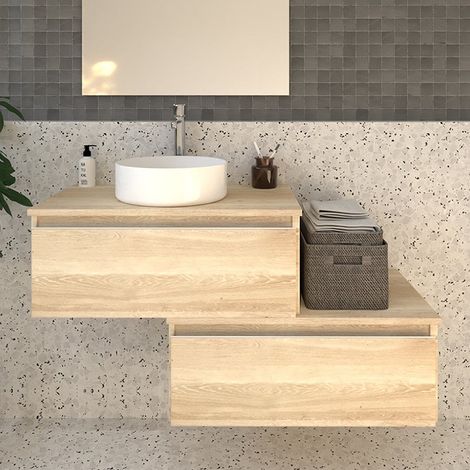 Meuble de salle de bain 2 tiroirs avec vasque à poser ronde sans miroir - bambou (chêne clair) - PENA - 120cm (1/5)