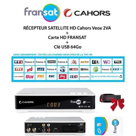 Récepteur Satellite HD - Cahors - Veox 2VA - Carte HD FRANSAT - Clé USB 64Go - PVR Ready