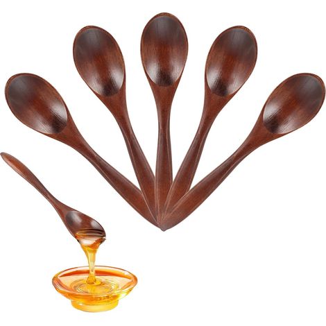 Lot de 5 petites cuillères en bois - Cuillères à miel en bois - 14,5 cm - Fabriquées à la main - Pour thé, café, confiture, miel, accessoires de cuisine - Marron (1/5)