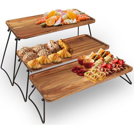 Présentoir à dessert à 3 niveaux, support à cupcakes et tours, plateau de service portable et pliable, planches à fromages à charcuterie, plateaux en bois d'acacia, (1/5)
