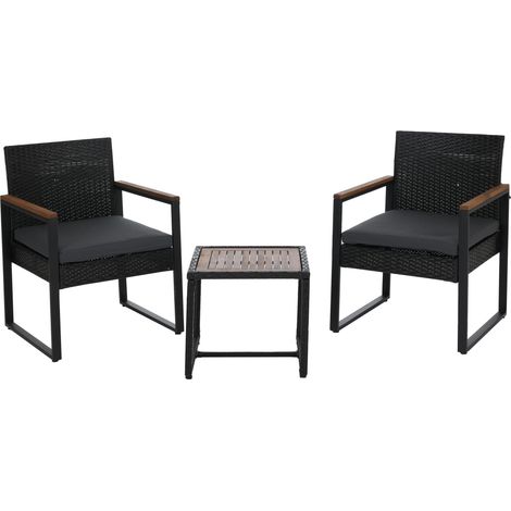 [NUNCA USADO] Conjunto de muebles de ratán sintético HHG-733, conjunto de salón para jardín con 2 sillas y mesa, madera de acacia, tela de 180 g/m², negro, tapizado gris