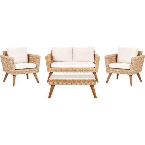 Ensemble Salon de Jardin en Rotin Synthétique et Coussins Blanc Cassé Vittoria