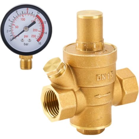 Einstellbarer DN15 Messing-Wasserdruckminderer mit Manometer, für den Hausgebrauch (1 Stück). (1/4)