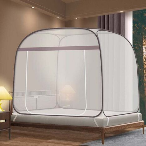 Moustiquaire de lit, tente de voyage pliable et portable avec double porte et fond, idéale pour les voyages en plein air. Installation facile, grise. (1/4)