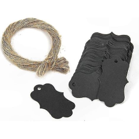 100 Kraftpapier-Anhänger 3x5cm Schwarz + Naturfarbene Juteschnur für Hochzeit, Geburtstag, Valentinstag, Weihnachten (1/3)
