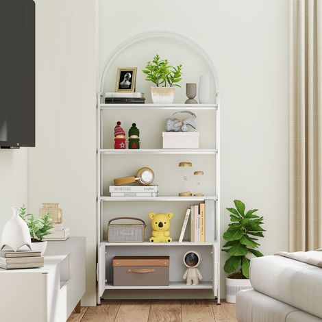 Aufbewahrungsregal, 4-stöckiges, bogenförmiges Bücherregal mit Doppeltürschrank, 80 x 30 x 187 cm, weiß