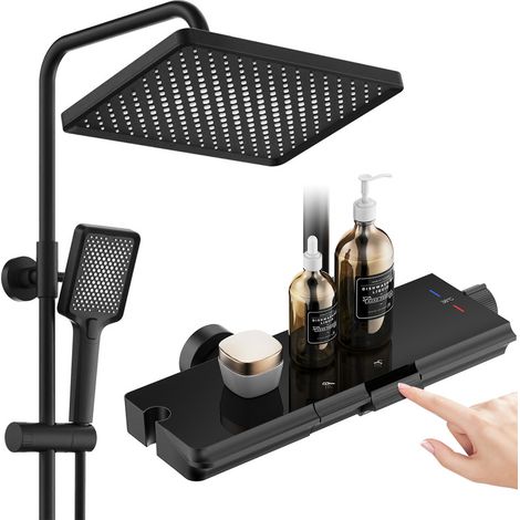 Aihom – Colonne de douche thermostatique noire 855-1230mm – Installation sans perçage – Étagère en verre trempé – Douche de tête 300x200mm