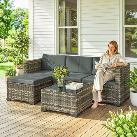 Ensemble jardin extérieur rotin 5 pièces coussins 2 fauteuils angle + fauteuil sans accoudoirs repose pieds table