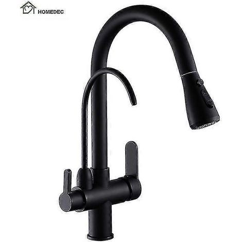 Robinet mitigeur 3 voies moderne en laiton chromé noir mat avec filtre extractible pour évier de cuisine (1/5)