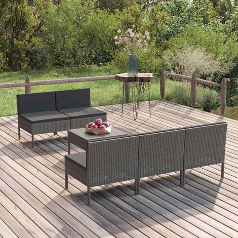 Salon de jardin 6 pcs Ensemble Table et Chaise de Jardin - avec coussins Résine tressée Gris BV371449 - BonneVie (1/5)