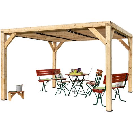 Habrita – Auvent en bois lamellé collé 10,57 m² – Ventelles orientables – Dimensions 3390 x 3120 mm – Hauteur 2170 mm – Fabrication française – Garantie 2 ans