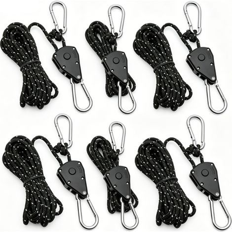 6 Pièces Tendeur de Corde à Poulie Réglable, Corde Nylon Réfléchissante Noire, avec Double Mousquetons, pour Tente, Plantes, Randonnée et Extérieur (1/5)