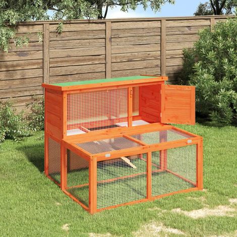 Cage à lapin marron, mesurant 102x90x84,5 cm, en bois de pin massif. (1/4)