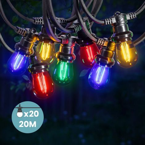 Guirlande Guinguette 20M 20 Bulbes Filament Rouge Bleu Jaune Vert - Guirlande Lumineuse Ampoule E27 Multicolore (1/5)