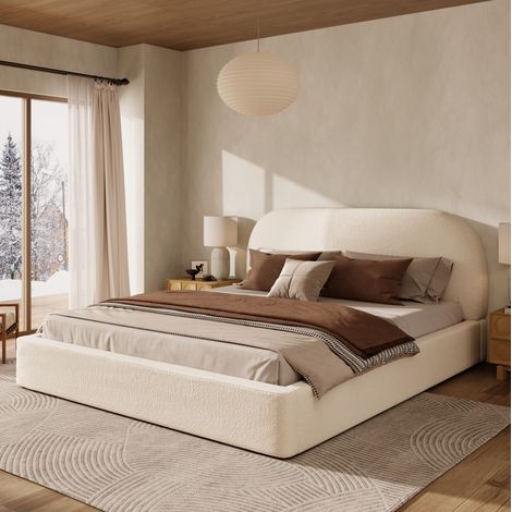 Lit adulte 180x200 cm avec sommier à lattes, tête de lit rembourrée, en tissu, beige, sans matelas (1/5)