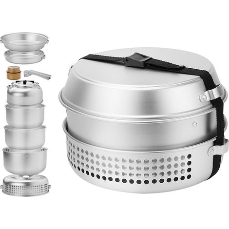 Réchaud à gaz à alcool en alliage d'aluminium, réchaud tempête coupe-vent de camping avec ensemble de casseroles et de poêles à frire, ensemble de réchaud de camping en plein air,Argent (1/5)