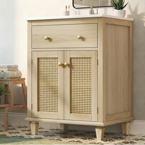 Mobile lavabo 61x47x87 cm, con cassetto ribaltabile, ante in rattan traspirante, ceramica e MDF, colore legno naturale (1/5)