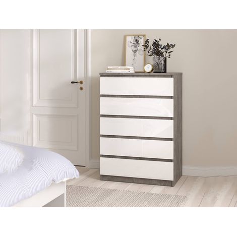 Dmora - Cajonera Ansel, Cómoda multiusos, Cómoda de dormitorio, Gabinete con cajones, 77x50 h111 cm, Cemento y Blanco brillante (1/5)