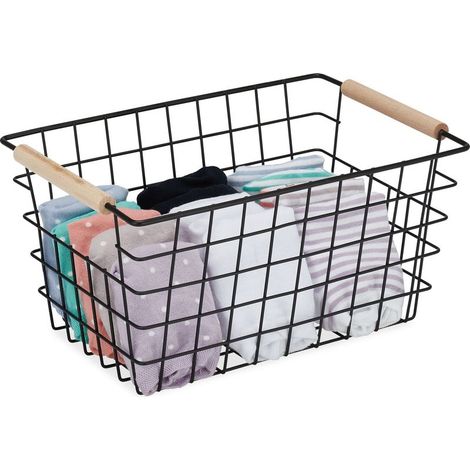 3x Paniers fil métal, poignée en bois, rectangulaire, design quadrillé, vêtements, accessoires, HxLxP: 16x31x21 cm, noir (1/5)