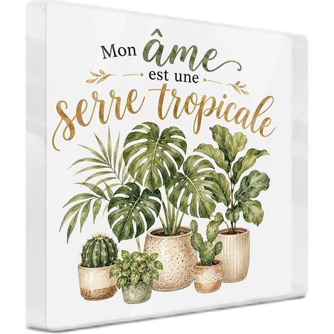 Plaque Acrylique à Poser carré avec Serre Tropicale, Objet déco Acrylique pour Salon Bureau Serre, pour Plant mom pour Maison, 10 x 10 x 1 cm