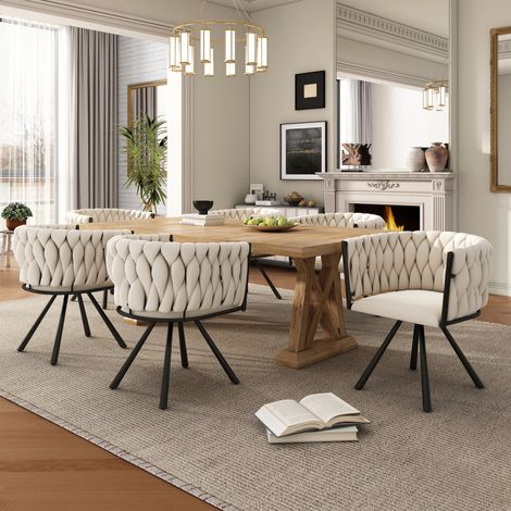 Lot de 6 chaises pivotantes 59x54x72 cm en velours beige, stables, pour salle à manger – MEUBLIV (1/5)