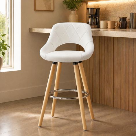 Sgabello da bar con schienale, seduta ergonomica, piedini antiscivolo, similpelle e legno, bianco (1/5)