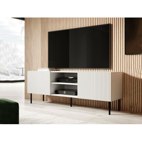 Mueble de TV Molini, aparador de salón con cuatro puertas batientes, elevado del suelo, 150x42 h52 cm, blanco (1/4)