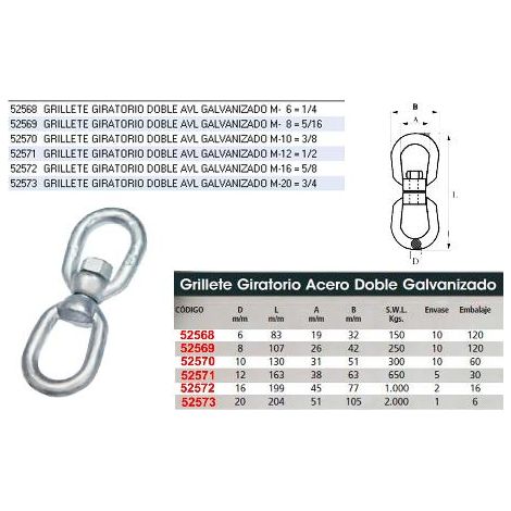 FPLUS grillete giratorio doble  8mm , Grillete giratorio galvanizado.