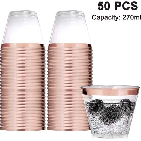 Verre à Cocktail En Plastique - 9 Oz - Bord Métallisé Or / Or Rose / Argent - Pour Fêtes Mariages Anniversaires - Lot De 50 (1/5)