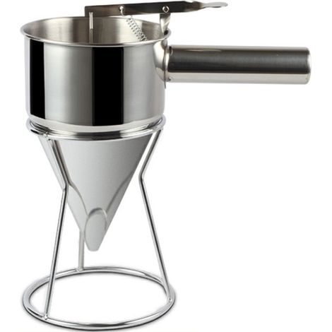 Embudo cónico de acero inoxidable con asa y soporte, dispensador de masa, embudo para bolas de pulpo, embudo dosificador de masa, embudo con soporte. (1/5)