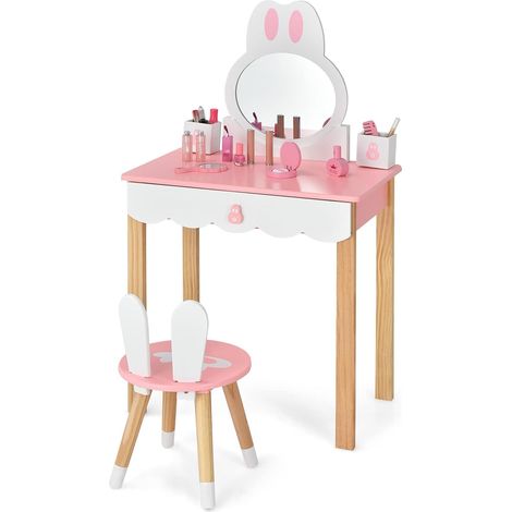 Coiffeuse pour Enfant avec Tabouret, Coiffeuse de Princesse, Rose et Blanc, Coiffeuse avec tiroirs Miroir et boîte de Rangement pour Fille (1/5)